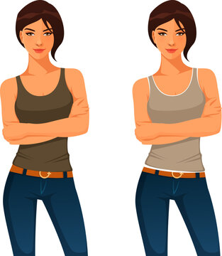 Illustration Of A Confident Young Woman With Short Hair, Standing With Her Arms Crossed, Wearing Tank Top And Jeans