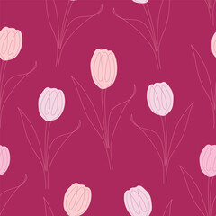 Seamless pattern of tulips drawn in one line. Vector illustration isolated on pink background
