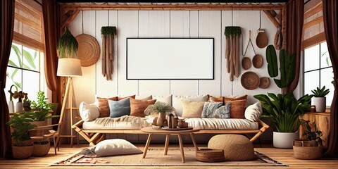 Obraz na płótnie Canvas Mockup frame in interior background, room in warm tone, Scandi-Boho style, Generative AI