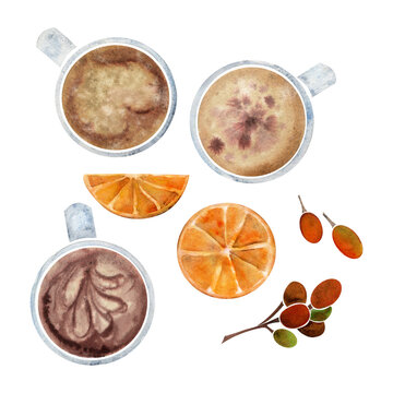 Watercolor hand drawn composition with capuccino porcelain and gold coffee cups, beans, jars, orange. Isolated on white background. For invitations, cafe, restaurant food menu, print, website, cards