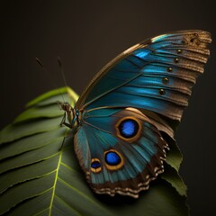 A close-up of a blue morpho butterfly perched on a leaf