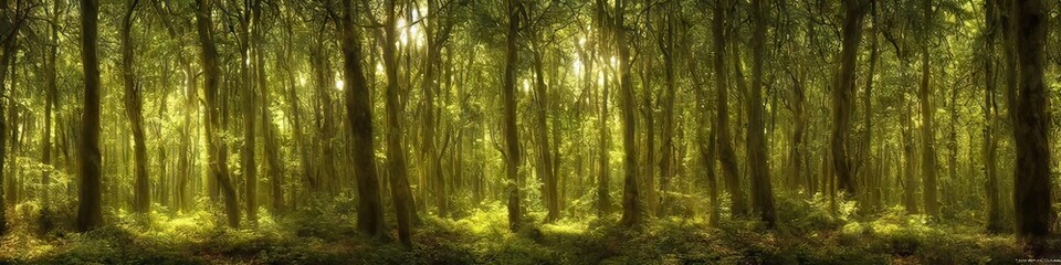 Naklejka premium Natural green forest filled with trees - panoramic image of the woods