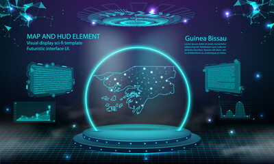 guinea Bissau map light connecting effect background. abstract digital technology UI, GUI, futuristic HUD Virtual Interface with guinea  map. Stage futuristic podium in fog.