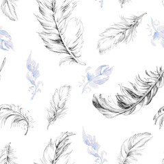 PNG Seamless pattern with feathers on transparent background. Watercolor and ink illustration in pastel violet and black.