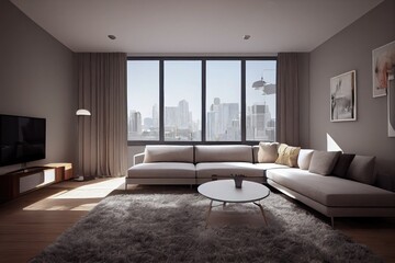 Elegant and comfortable designed living room with big corner sofa. Interior design modern apartment. Generative AI.