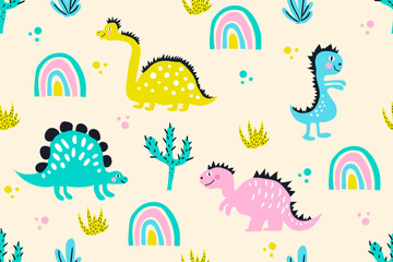 Childish seamless pattern with hand drawn dinosaur in doodle style. Creative vector childish dino background for fabric, textile