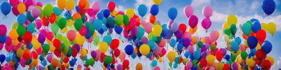 colorful balloons floating in the cloudy blue sky panoramic image by generative AI