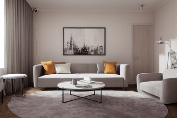 Elegant and comfortable designed living room with big corner sofa. Interior design modern apartment. Generative AI.