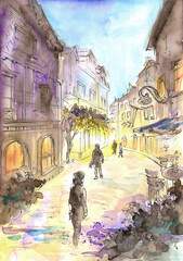 Old town street at evening time with passers-by. Hand drawn watercolor and ink illustration. Pedestrian zone with night lights in yellow and violet hues. Trendy sketching technique. 