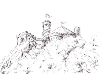 A fairytale castle in mountains. Sketching line art drawing. Hand drawn ink sketch illustration in black and white.