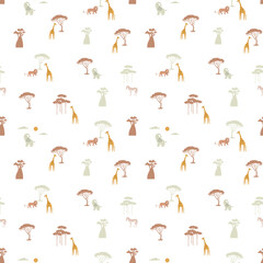 Fototapeta premium Elephant, giraffe, zebra, lion and acacia trees seamless kids pattern. Creative kids texture for fabric, wrapping, textile, wallpaper, apparel. Repeatable vector illustration.