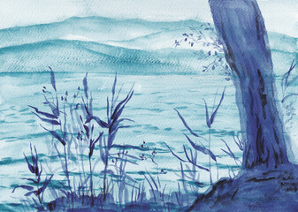 River bank on foggy Mountains silhouettes background. Watercolor hand drawn illustration in blue hues. Landscape at evening with tree,  reeds, clear flowing river and misty distant mountains. 