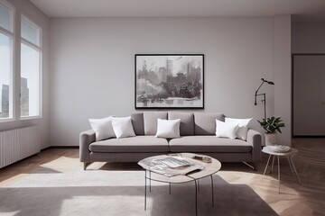 Fototapeta premium Elegant and comfortable designed living room with big corner sofa. Interior design modern apartment. Generative AI.
