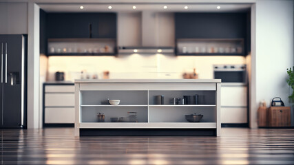 Empty Kitchen Island With Blurry Modern Kitchen Interior For Product Placement Created With Generative Ai