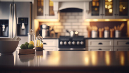 Empty Kitchen Table For Product Placement with Blurry Kitchen Interior Background Created With Generative Ai
