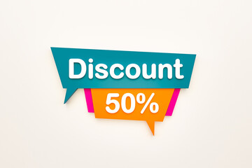 50% discount. Retail marketing, discount sign to promote commercial activities. Consumerism, fifty percent, buying and shopping. 3D illustration