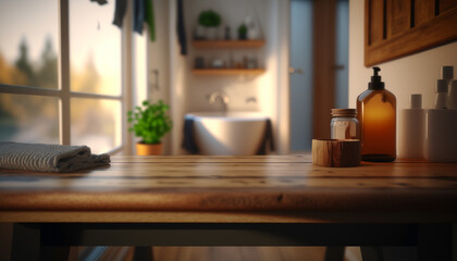 Empty Table For Product Placement With Blurry Bathroom Interior Background Created With Generative Ai