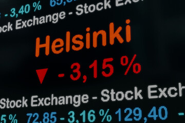 Fototapeta na wymiar Helsinki Stock market moving down. Finland, Helsinki, negative stock market data on a trading screen. Red percentage sign and ticker information. Stock exchange and business concept. 3D illustration