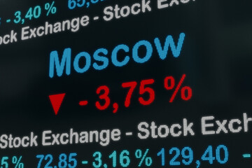 Moscow stock exchange moving down. Russia Moscow, negative stock market data on a trading screen. Red percentage sign and ticker information. Stock exchange and business concept. 3D illustration