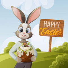 Easter background. Bunny on a green lawn holds a traditional cake with white icing. Vector illustration in cartoon style. Natural landscape. For banner, postcard, kids book