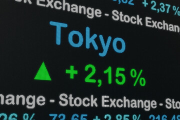 Fototapeta na wymiar Tokyo stock exchange moving up. Japan, Tokyo positive stock market data on a trading screen. Green percentage sign and ticker information. Stock exchange and business concept. 3D illustration