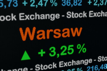 Warsaw stock exchange moving up. Poland, Warsaw positive stock market data on a trading screen. Green percentage sign and ticker information. Stock exchange and business concept. 3D illustration