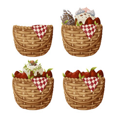 Fototapeta na wymiar A set of wicker baskets with red eggs, Easter cake, a bouquet of willow branches. Vector illustration for the spring religious holiday on an isolated background.