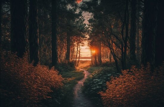 image, calm forest paths at sunset, generative ai © Jorge Ferreiro
