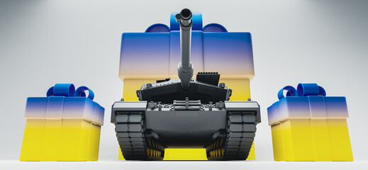 Tank leopard 2 and present help military aid on white background