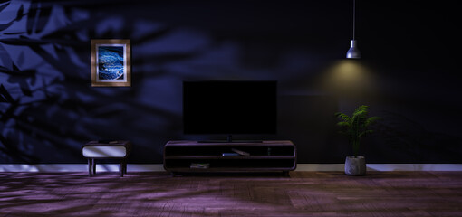Blank dark off TV screen over stylish wooden console with dark background. 3D rendering, mock up