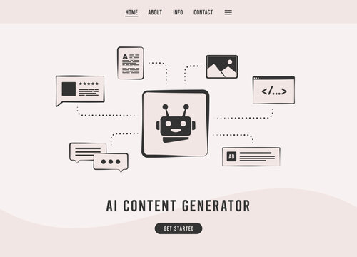 Artificial Intelligence Content Generator and AI writer bot. Create content for e-commerce websites, articles, advertising, chatbots, create image from text. Flat design landing page template