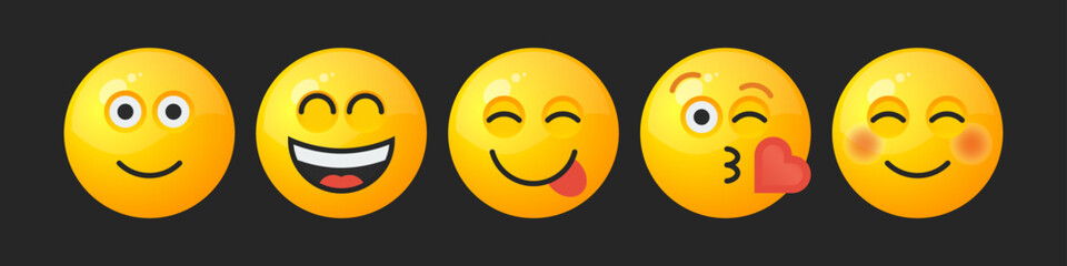 Set of yellow round emoticons for social networks or web design with different facial expressions.