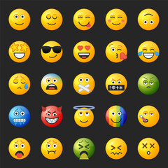 Set of yellow round emoticons for social networks or web design with different facial expressions.