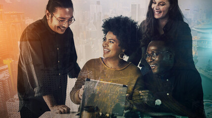 Teamwork, overlay and business people planning for future, strategy and brainstorming ideas in office. Collaboration, city double exposure and workers on tablet for research, website and b2b network