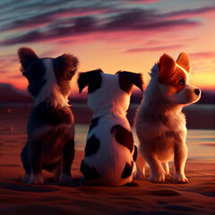 Obraz na płótnie Canvas three dogs sitting next to each other on a beach. generative ai.