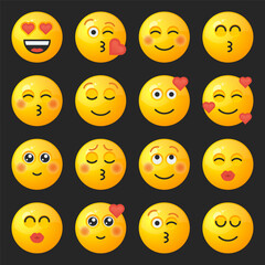 Set of yellow round emoticons for social networks or web design with different facial expressions.