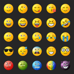 Set of yellow round emoticons for social networks or web design with different facial expressions.