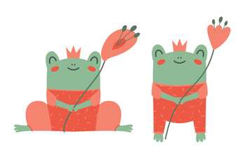 Hand drawn caertoon illustration of a cute happy frog in overalls and crown, with flower. Concept for children gentle print in flat style. Elements of princess-toad isolated.