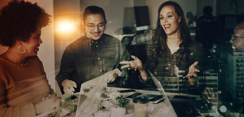 Teamwork, architecture overlay and business people in meeting for planning, discussion and ideas. Collaboration, 3d hologram and employees working on future project, strategy and engineering design