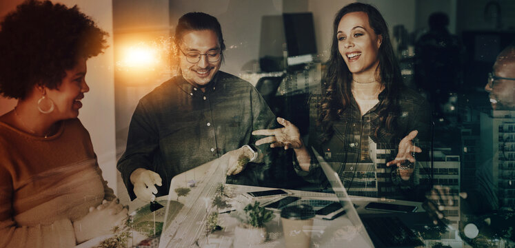 Teamwork, architecture overlay and business people in meeting for planning, discussion and ideas. Collaboration, 3d hologram and employees working on future project, strategy and engineering design