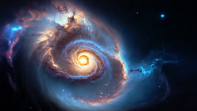 Birth of a star in space during a nebula explosion. Nuclear fusion of cosmic clouds of gas and dusts spinning. Universe background. Generative ai