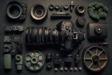 Inside camera gear abstract background graphic design. Generative ai.