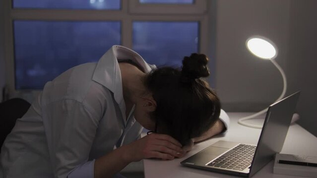 Exhausted girl student cant complete home work, don&rsquo;t understand tasks and theme