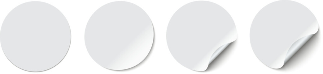 White adhesive stickers. Blank templates of price tags. Empty mockup paper circles.
