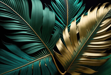Bold metallic tone color of tropical monstera and palm leaf background. Generative ai.