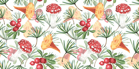 Watercolor seamless pattern of illustrations, forest collection, Mushrooms, berries,cowberry, pine twig , chantarelle retro wallpaper hand drawn