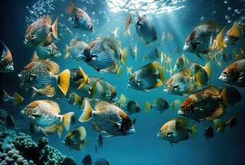 Obraz premium Under water world wildlife animals beautiful background. World water day concept. Generative ai.