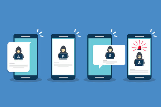 Hacker, malware notification on mobile phone. Smartphone with hacker alert, spam data on cellphone fraud error message, scam, virus. 