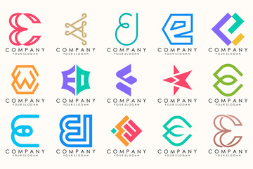 Abstract logos mega collection with letters E. Geometrical abstract logos