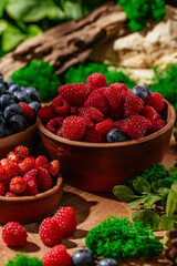 raspberries in a plate in a forest clearing.